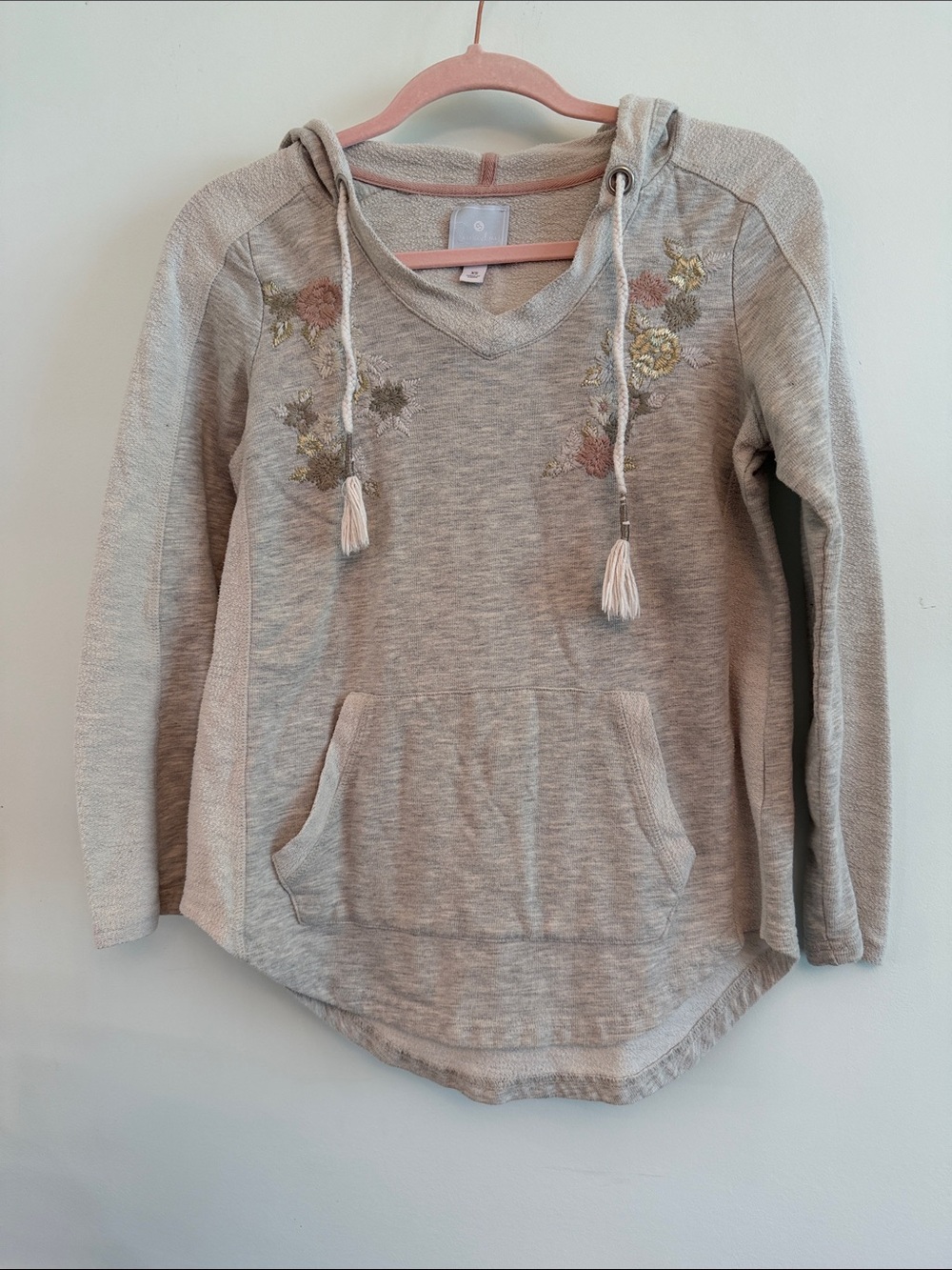Sunday Heather Gray V-Neck Hoodie with Floral Embroidery